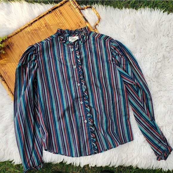 Vtg Ruffle Detail TRY 1 Striped Multicolored Secretary Style Shirt. Sz S Fit - Picture 1 of 12